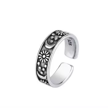 Vintage Adjustable Sun Moon Ring Antique Finish Retro Unisex Boho Jewelry Handmade Look Statement Gift for Women Men Trendy Gothic Accessory