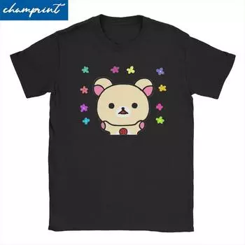 Винтажные футболки Korilakkuma и цветы унисекс для женщин с круглым вырезом из чистого хлопка футболки Rilakkuma с коротким рукавом футболка для взрослых одежда унисекс 4XL