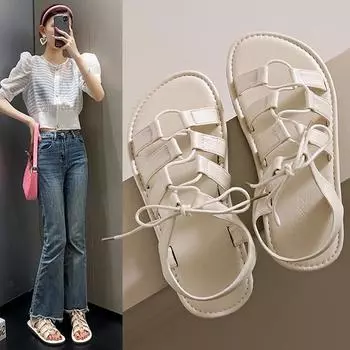 Vintage Roman Sandals Ladies Cross Strap Fairy Wind Bohemian Vacation Shoes Fashion Beach Platform Sandals 35 чёрный