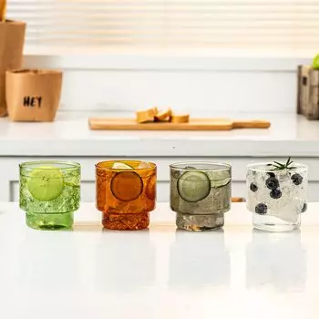 Vintage Set of 4 Stackable Colored Glass Cups - Premium Tumblers for Hot & Cold Drinks, Perfect for Water, Soda, Milk, and Juice 301-400ml