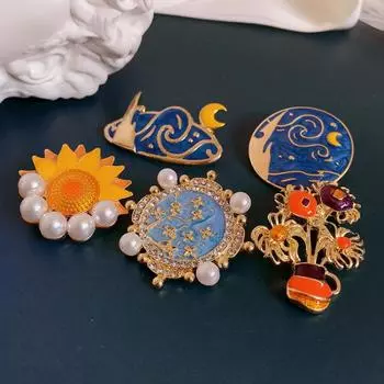 Винтаж Ван Гог Звездное небо Вселенная Луна Солнце Креативная брошь Роскошный дворец Одежда Аксессуары