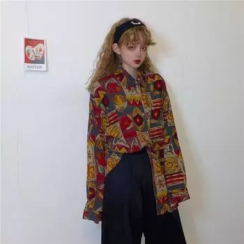 Винтажная блузка женская 90-х годов Эстетическая оверсайз Harajuku рубашки в стиле ретро с длинным рукавом модная уличная одежда в корейском стиле осень S