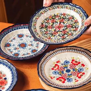 Винтажная цветочная керамическая тарелка, многоцветная креативная обеденная тарелка, домашняя посуда, глубокая тарелка, поднос для ресторана, столовая посуда