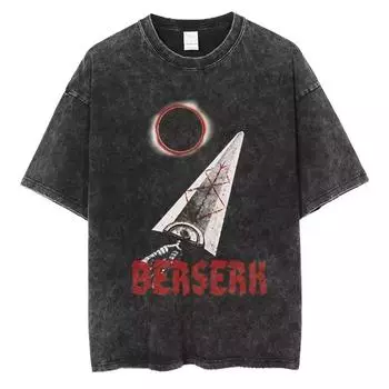 Винтажная футболка из стираного хлопка Berserk, аниме из Японии, оверсайз, унисекс, уличная одежда Харадзюку, с коротким рукавом, мужская, женская, топы, футболка S