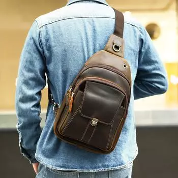 Винтажная сумка из натуральной кожи Crazy Horse Leather Мужская нагрудная сумка Дорожная многофункциональная повседневная модная сумка через плечо кофейный