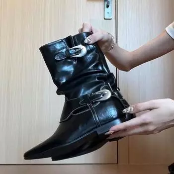 Винтажные ботинки Martin из коровьей кожи с пряжкой на поясе, толстый каблук с заостренной металлической пряжкой, черные кожаные женские ботинки в стиле вестерн 35