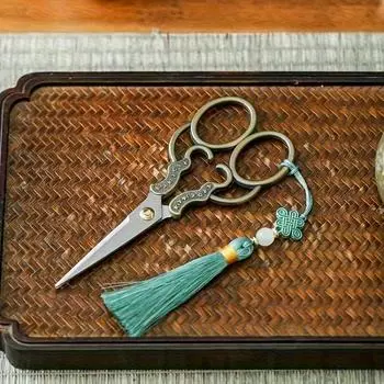 Винтажные ножницы из нержавеющей стали с медным покрытием - Подходят для обеих рук, Идеальны для пряжи, вышивки и шитья, Чехол с цветочным узором и кисточка 1pc