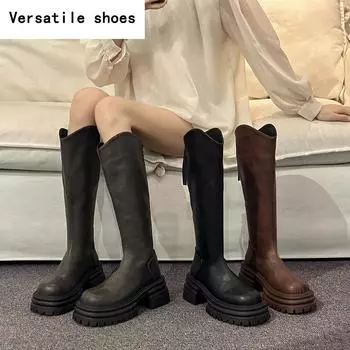 Винтажные женские сапоги на платформе до колена, модные туфли на толстом каблуке, осенне-зимние женские рыцарские длинные ботинки 35