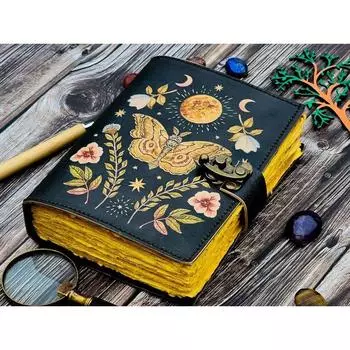 Винтажный кожаный дневник с бабочкой, блокнот для письма, блокнот для рисования, пустая книга заклинаний 7 x 5 in чёрный