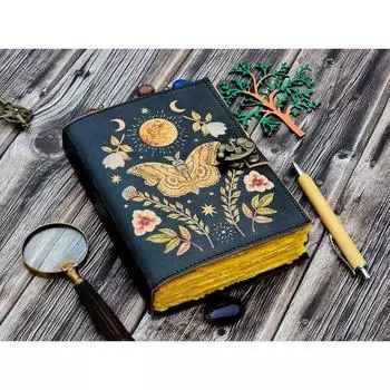 Винтажный кожаный дневник с бабочкой, блокнот для письма, блокнот для рисования, пустая книга заклинаний 7 x 5 in чёрный