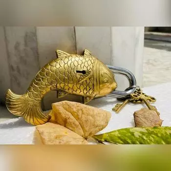Винтажный латунный замок-рыба с 2 ключами — индийский храмовый замок для литых металлических ворот.
