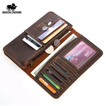 Винтажный мужской кошелек BISON DENIM, длинный кошелек Crazy Horse из натуральной кожи, брендовый кошелек с держателем для карт чёрный