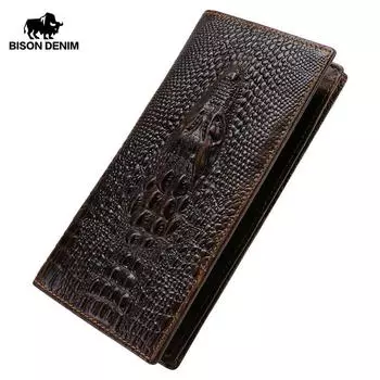 Винтажный мужской кошелек BISON DENIM, длинный тонкий двойной кошелек с держателем для карт коричневый