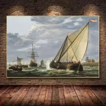 Винтажный Парусный Корабль Морской Пейзаж Холст Картина Плакат Корабль Фрески Печатает Волну Настенные Художественные Фотографии для Гостиной Домашний Декор 21x30 No Frame