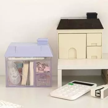 Visible Small House Pen Holder Multiple Grids Cosmetic Organizer Desktop Storage Box Office розовый