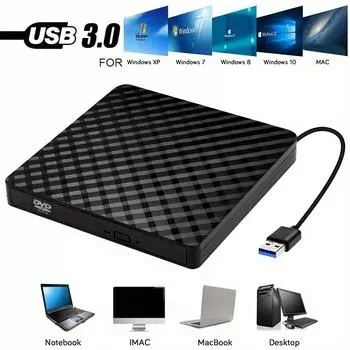 Внешний USB3.0 DVD RW CD-рекордер: Портативный оптический привод для ПК, ноутбука, MacBook, ОС Windows и Linux чёрный