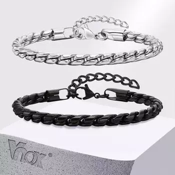 Мужские браслеты-цепочки Vnox Punk Snake Link, черный серебристый цвет, витой браслет из нержавеющей стали, блестящая цепочка, удобная одежда