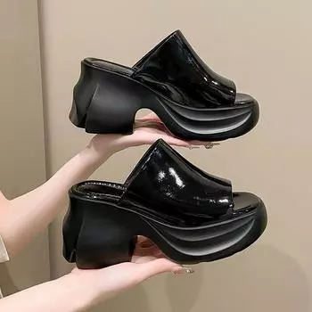 Водонепроницаемые сандалии на платформе De Mujer, тапочки на танкетке Fish Mouth, 9 см, пляжная платформа, полузатянутая, мягкая, удобная, универсальная женская обувь 35 чёрный
