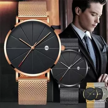 Vogue Business Super Slim из нержавеющей стали с сетчатым ремешком Мужские часы с календарем Дата Модные золотые часы Женские часы Кварцевые часы Роскошь