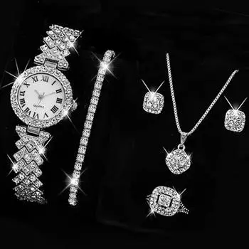 Vogue Roman Pattern Серьги Браслет 6 ШТ. Ожерелье Бриллиантовые Кварцевые Часы Кристалл Женские Часы Кольцо Модные Женские Часы Набор