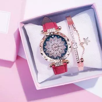 Vogue Sky женские часы с браслетом, повседневные кожаные часы, набор, звездные спортивные кварцевые наручные часы, женские часы Feminino Clock Relogio красный
