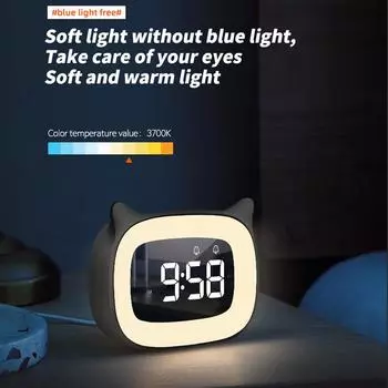Voice Control Night Light Desktop Clock Dual Music Alarm Digital Alarm Clock LED Rechargable Home Table Decoration белый