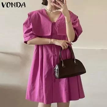 VONDA 100% хлопок женское летнее повседневное свободное короткое платье-рубашка