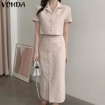 VONDA 2 шт. наборы летние женские рубашки с короткими рукавами топы длинные юбки повседневные костюмы