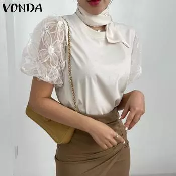 VONDA Элегантные атласные женские повседневные кружевные топы с короткими рукавами-фонариками