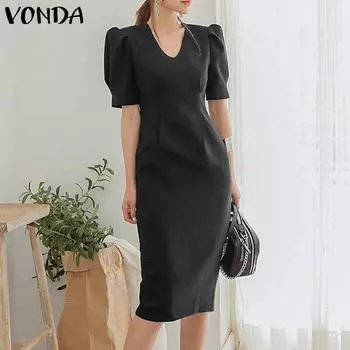 VONDA Летнее женское длинное платье с пышными рукавами и V-образным вырезом S зелёный