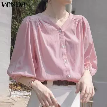 VONDA летняя женская рубашка с v-образным вырезом и рукавом-фонариком H Fit