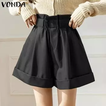 VONDA Summer Women Elastic High Waist Solid Color Casual Loose Shorts Mini Pants S хаки