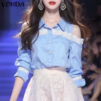 VONDA Women Summer Off Shoulder Long Sleeve Lace Shirts S розовый