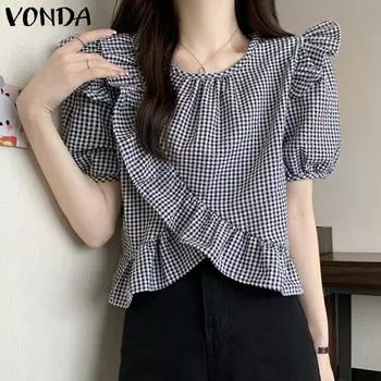 VONDA Women Summer Round Neck Ruffled Puff Short Sleeve Plaid Blouses M чёрный