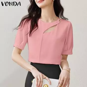 VONDA Женские летние блузки с круглым вырезом и коротким рукавом S синий