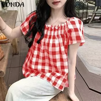 VONDA Женские летние блузки с квадратным вырезом и короткими рукавами в клетку S красный