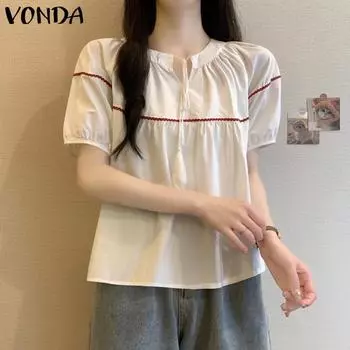 VONDA Женская летняя повседневная блузка с круглым вырезом и коротким рукавом L белый