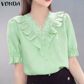 VONDA женская летняя повседневная блузка с v-образным вырезом и короткими рукавами, кружевная однотонная свободная блузка S жёлтый