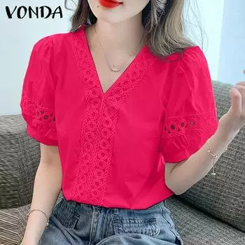 VONDA женская летняя повседневная Свободная блузка с v-образным вырезом и короткими рукавами, однотонная кружевная блузка M оранжевый