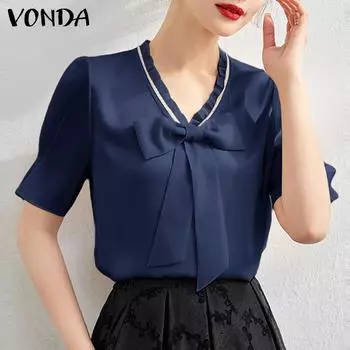 VONDA Женская летняя повседневная свободная блузка с v-образным вырезом и бисером, однотонная однотонная блузка с коротким рукавом S фиолетовый