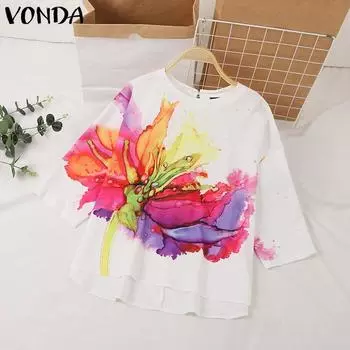 VONDA Женская мода Круглый вырез 3/4 рукава Цветочный принт Блузки 4XL белый