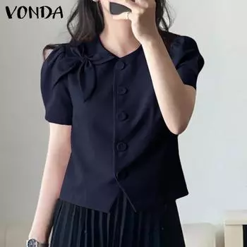 VONDA Женская повседневная Свободная блузка с круглым вырезом и коротким рукавом, сплошной цвет хаки