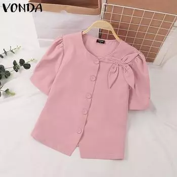 VONDA Женская повседневная Свободная блузка с круглым вырезом и коротким рукавом, сплошной цвет S розовый