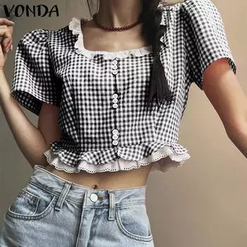 VONDA Женские летние кружевные блузки с квадратным вырезом в клетку и короткими рукавами M чёрный