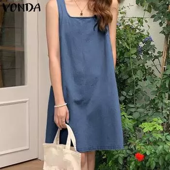 VONDA женские летние однотонные короткие джинсовые платья без рукавов с круглым вырезом и подолом