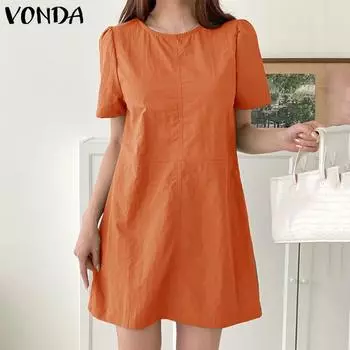 VONDA женские летние однотонные короткие платья с круглым вырезом и коротким рукавом