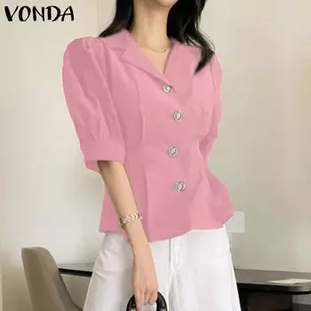 VONDA женский летний костюм с пышным воротником и короткими рукавами и пуговицами, однотонная куртка на талии с открытой планкой