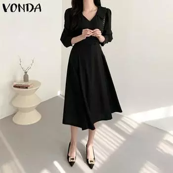 VONDA женское летнее однотонное длинное платье с v-образным вырезом и пышными рукавами 3/4, плиссированной талией