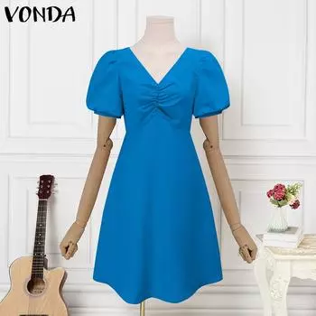 VONDA женское летнее однотонное короткое платье с v-образным вырезом и короткими рукавами, плиссированной талией