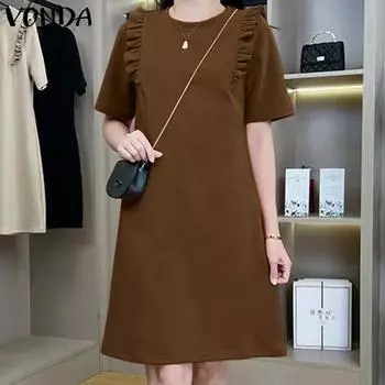 VONDA женское летнее повседневное однотонное свободное короткое платье с круглым вырезом и короткими рукавами
